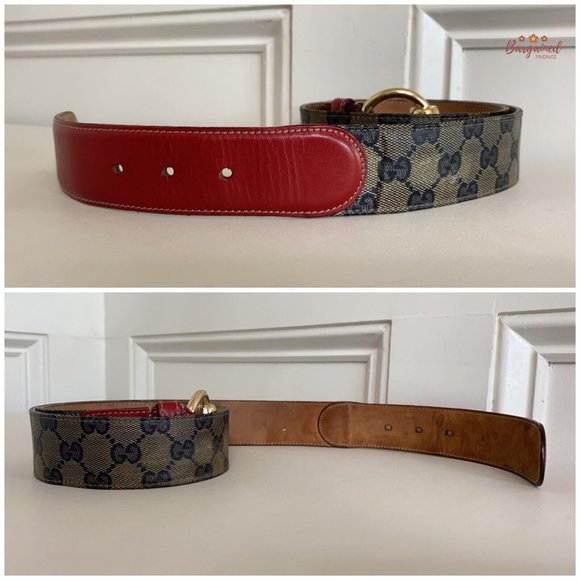 Auth GUCCI Beige/Blue/Red GG Crystal Coated Canvas Horsebit Buckle Belt 85/34 main image 5